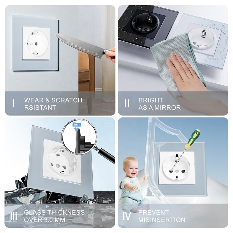 220V 16A EU Germany Schuko Wall Plug and Sockets Tampered Glass Panel Socket Frame