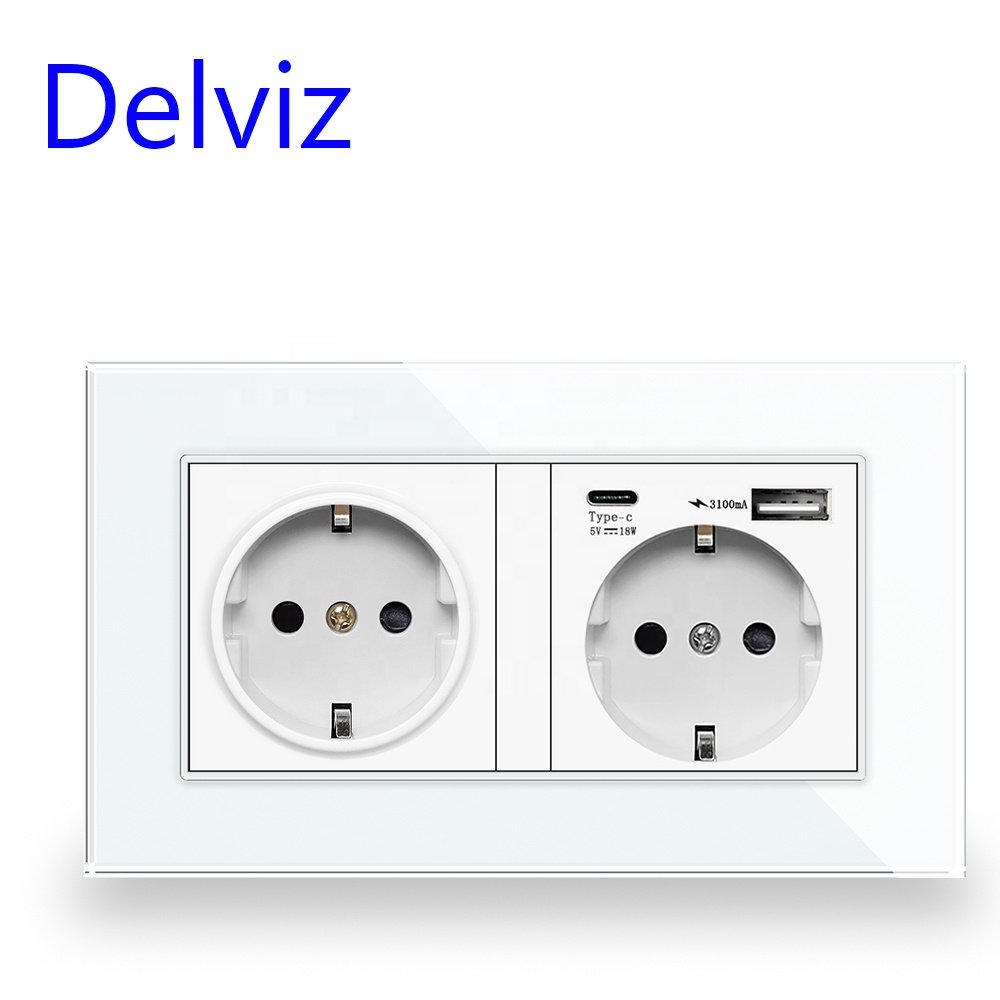 Delviz EU Standard Electric plug Wall Socket, 1A 1C Crystal glass panel, 5V 2A usb power port, 18W type C Quick charge Outlet