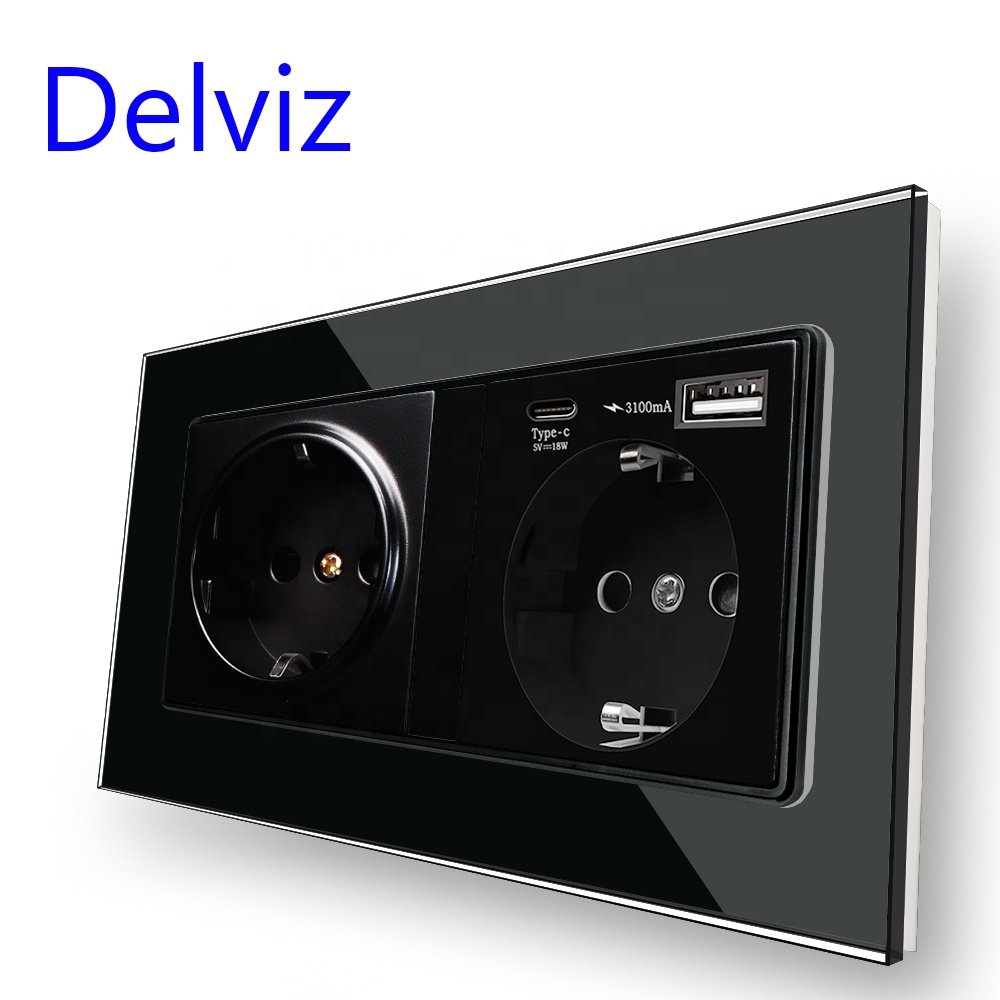 Delviz EU Standard Electric plug Wall Socket, 1A 1C Crystal glass panel, 5V 2A usb power port, 18W type C Quick charge Outlet