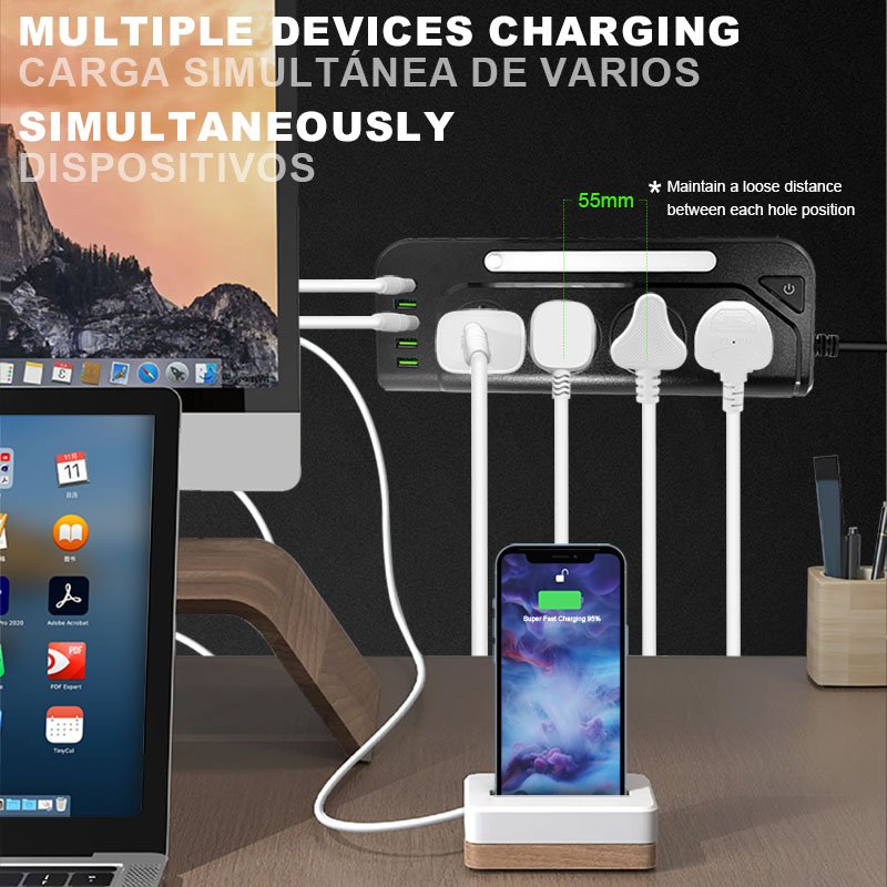 UK 3pin plug socket Travel 13A power strip surge protector extension socket power socket with light