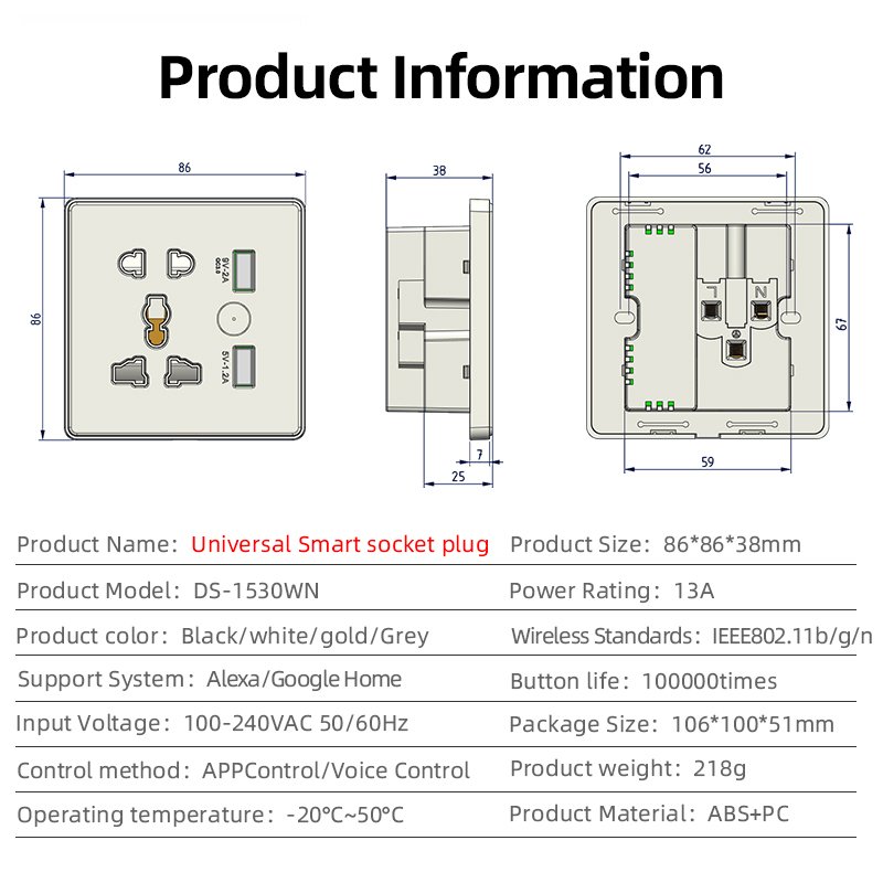 RSH Smart Plug Power Socket with 2 USB Universal Plug Charger USB Wall Socket