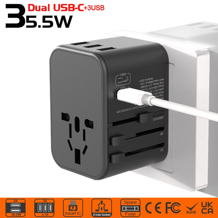 Universal Travel Adapter, US AU EU UK Plug Adapter with Dual AC Outlet, 2 Type-C 35W PD Fast Charging 3 USB-A, All in One Socket