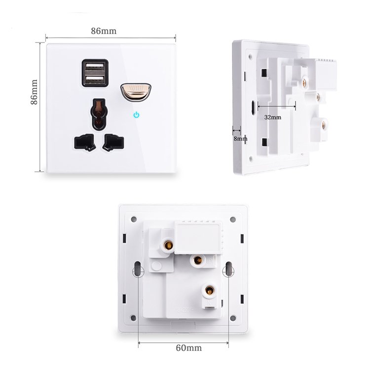 LangYeao 16A Universal Power Socket with USB Wall Outlet With LED 4 Colors Glass Universal Hole Socket Wall Plug