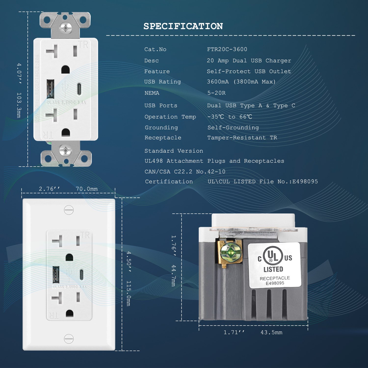 Regular FTR20C-3600 2 gang desktop wall outlet socket with usb plug for multiple electrical appliances