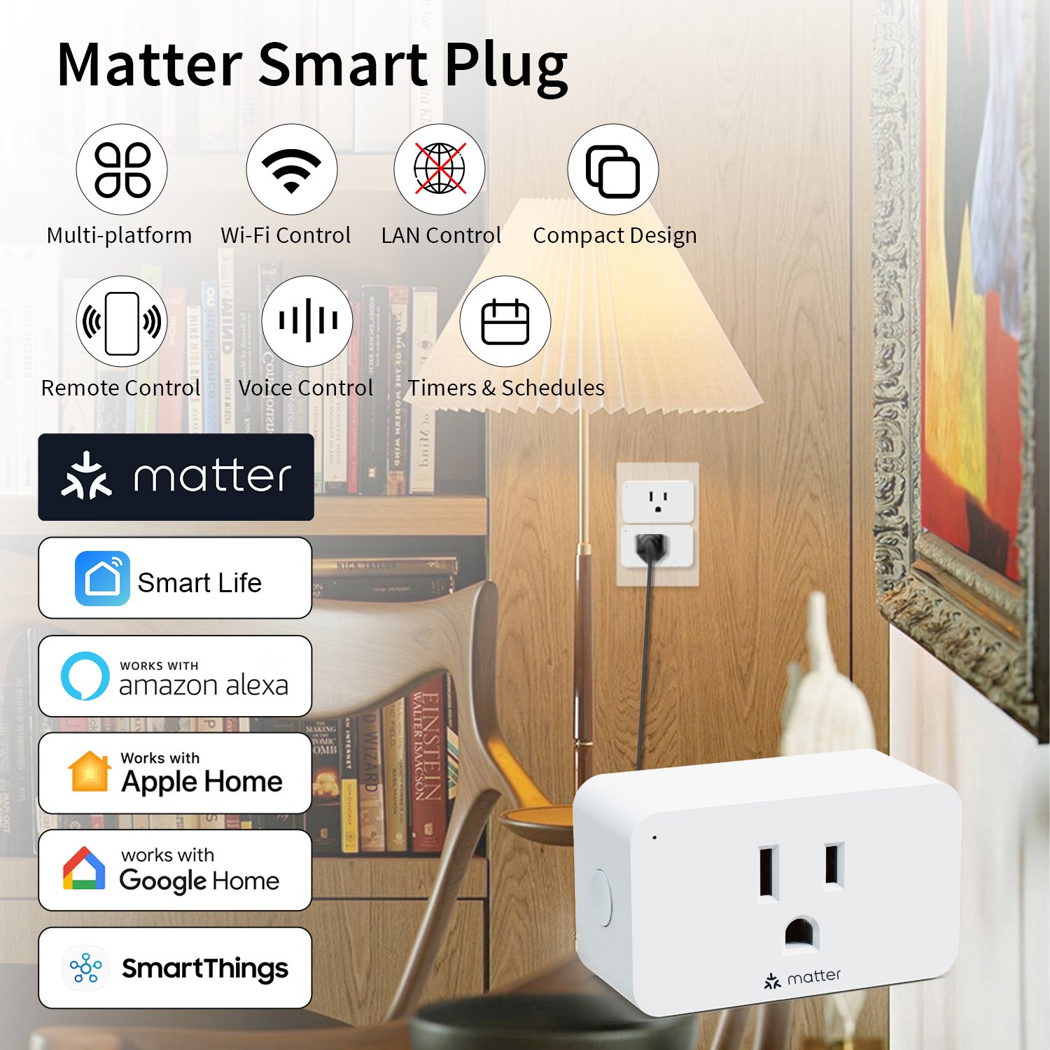 Matter Smart Plug 15A/1800W Wi-Fi Plug Outlet for Smart Home Devices Apple Home Alexa Google Home Smart Life Indoor Matter Plug