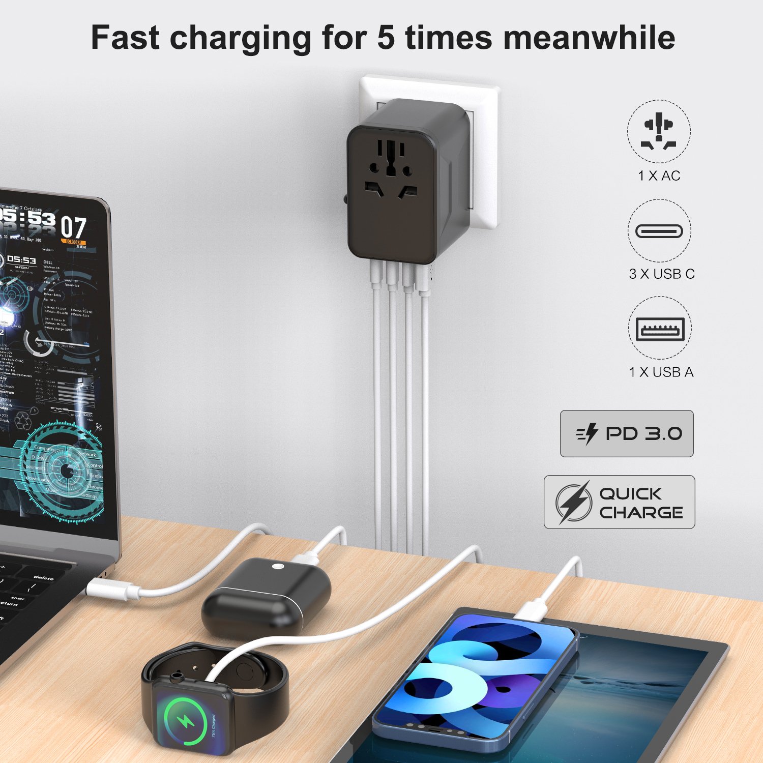 Leishen Quick Charger Adapter GaN PD 100W Universal Travel Adapter US UK EU AU Plug Socket Adapter with 3USBC and USBA