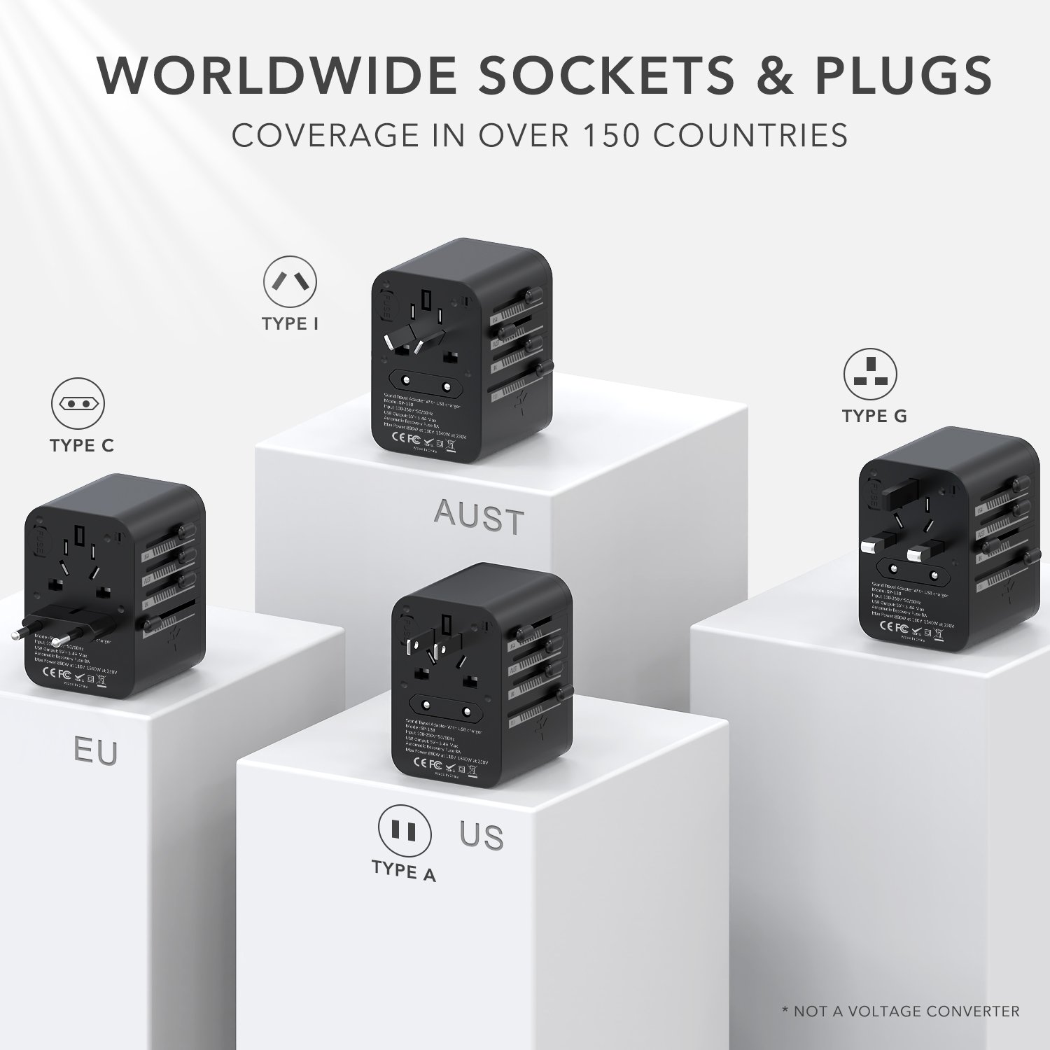 Leishen Quick Charger Adapter GaN PD 100W Universal Travel Adapter US UK EU AU Plug Socket Adapter with 3USBC and USBA