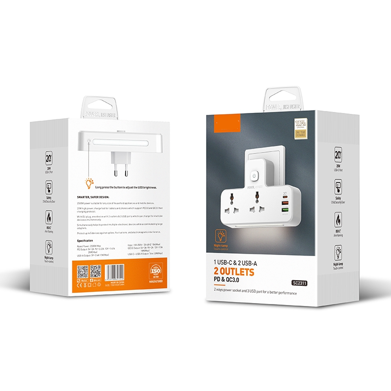 Power Socket Night-lamp Eu Us Uk Plug Power Strip Extension Socket Sc2311 Universal 3 Usb Port Pd 3.0 10a 2 Ac China White