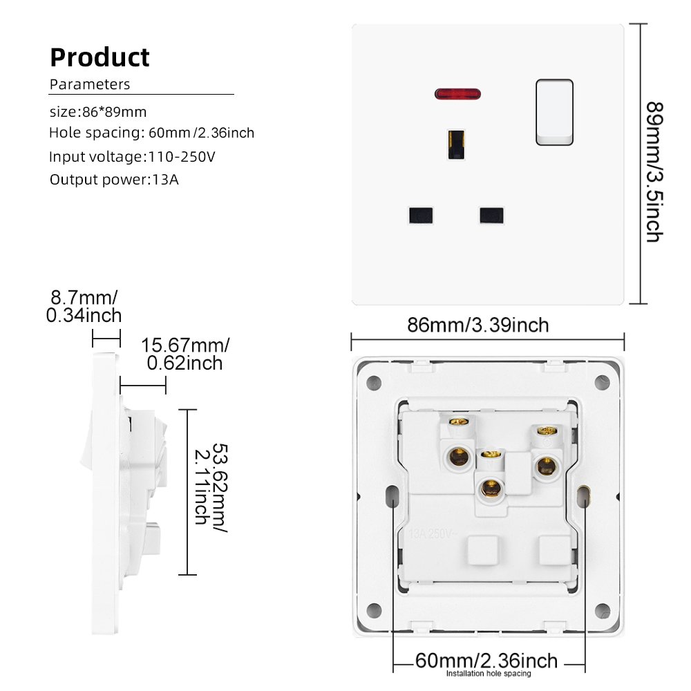 British standard electrical light switch socket board wall plug 3 pin 13 amp uk socket