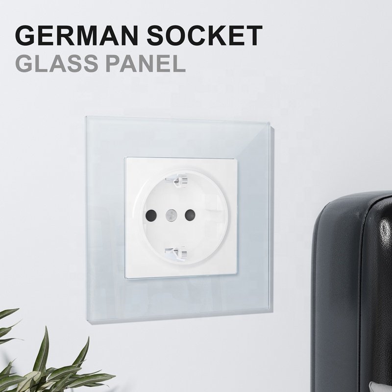 Modern Design 16A 250V Brass Plug Socket Black Glass Panel EU Germany Wall Schuko Plug Socket
