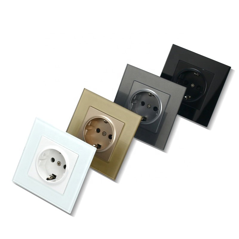 Modern Design 16A 250V Brass Plug Socket Black Glass Panel EU Germany Wall Schuko Plug Socket