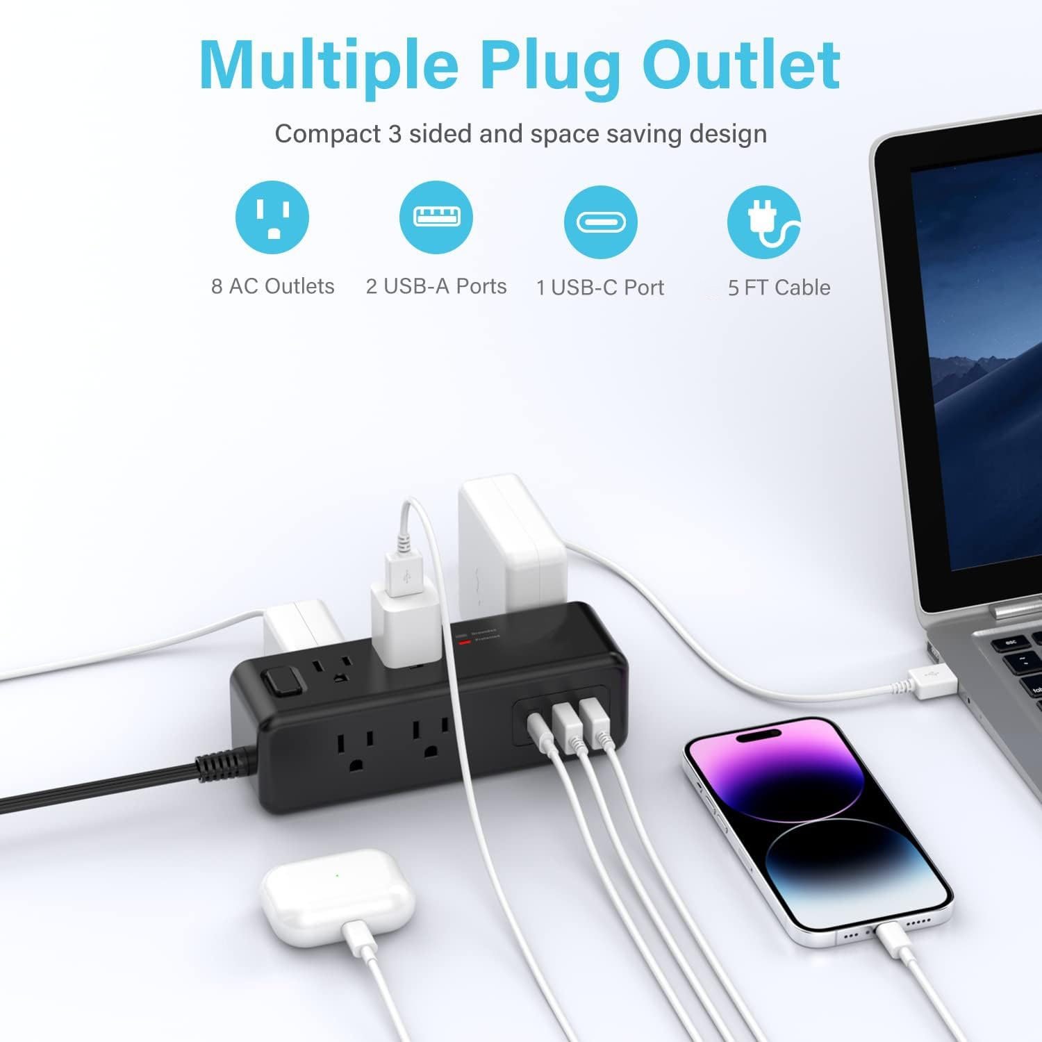 Power Strip 5 FT Extension Cord with 8 AC Ports,3 USB Ports(1 USB C),3-Side Outlet Extender Strip,Flat Plug,Wall Mount