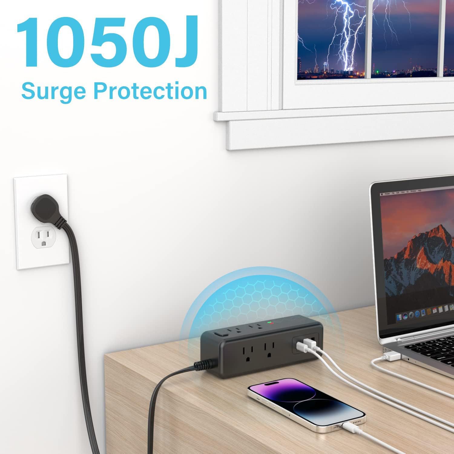 Power Strip 5 FT Extension Cord with 8 AC Ports,3 USB Ports(1 USB C),3-Side Outlet Extender Strip,Flat Plug,Wall Mount