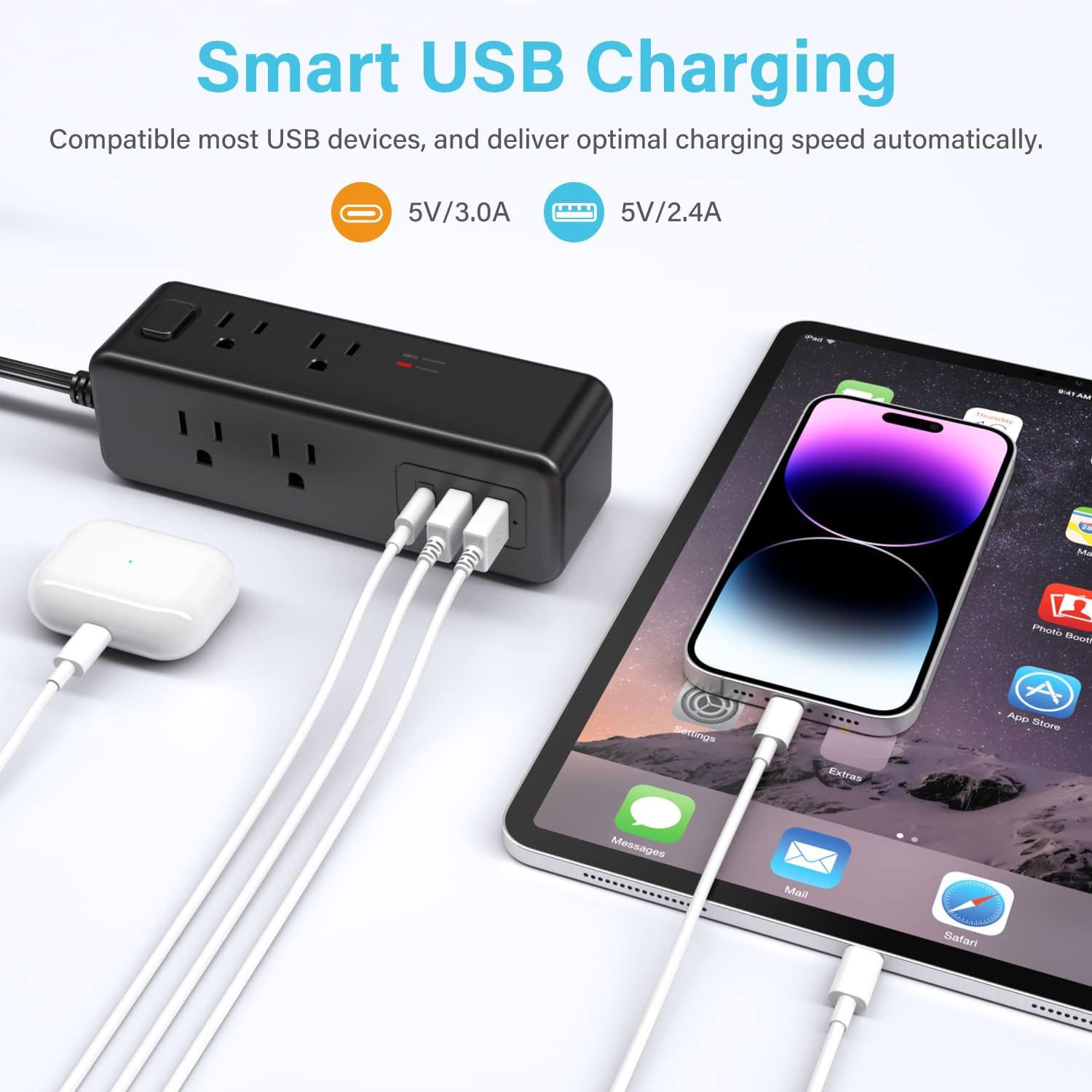 Power Strip 5 FT Extension Cord with 8 AC Ports,3 USB Ports(1 USB C),3-Side Outlet Extender Strip,Flat Plug,Wall Mount