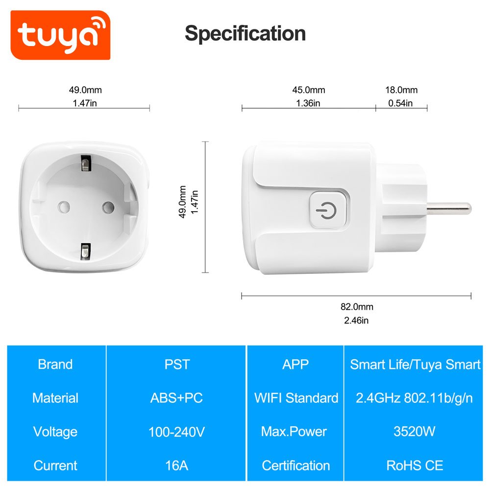 Factory Price Tuya Smart 16A WiFi Smart Power Socket Plug With Metering Function PST-ZEU-003