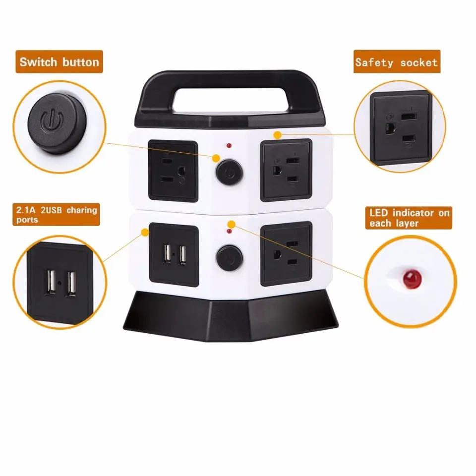 High Quality JUNWEI Surge Protector Plug Socket 8 way 2 USB Ports Power Strip