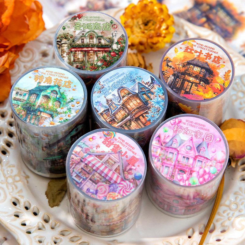 2M/Roll PET Tape Wind Around the Corner Series Shell Light Architecture Theme Handbook Material Loop Stickers