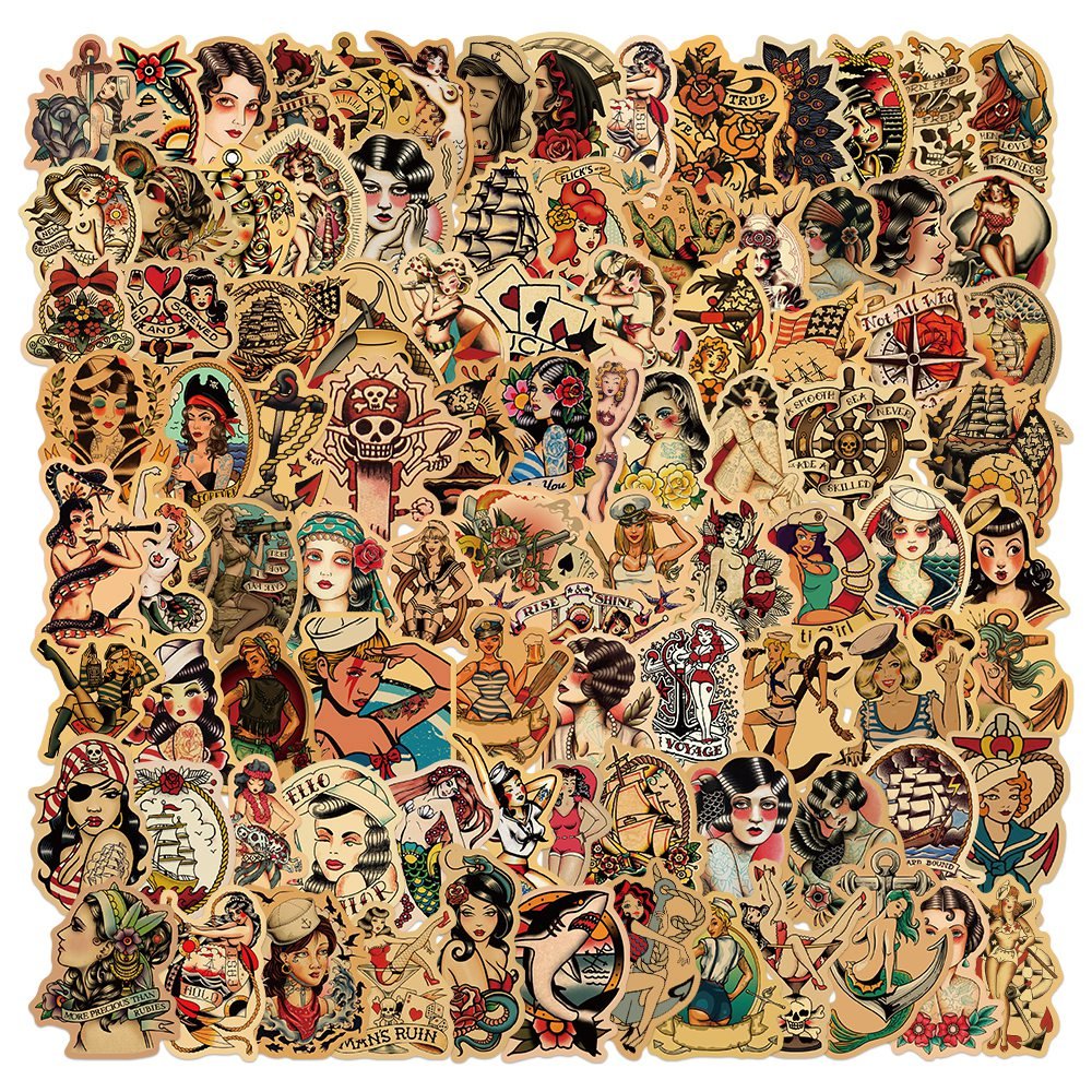 100pcs Retro Old School Tattoo Style Sticker Diy Refrigerator Skateboard Guitar Phone Laptop Waterproof Decorative Toy Stickers