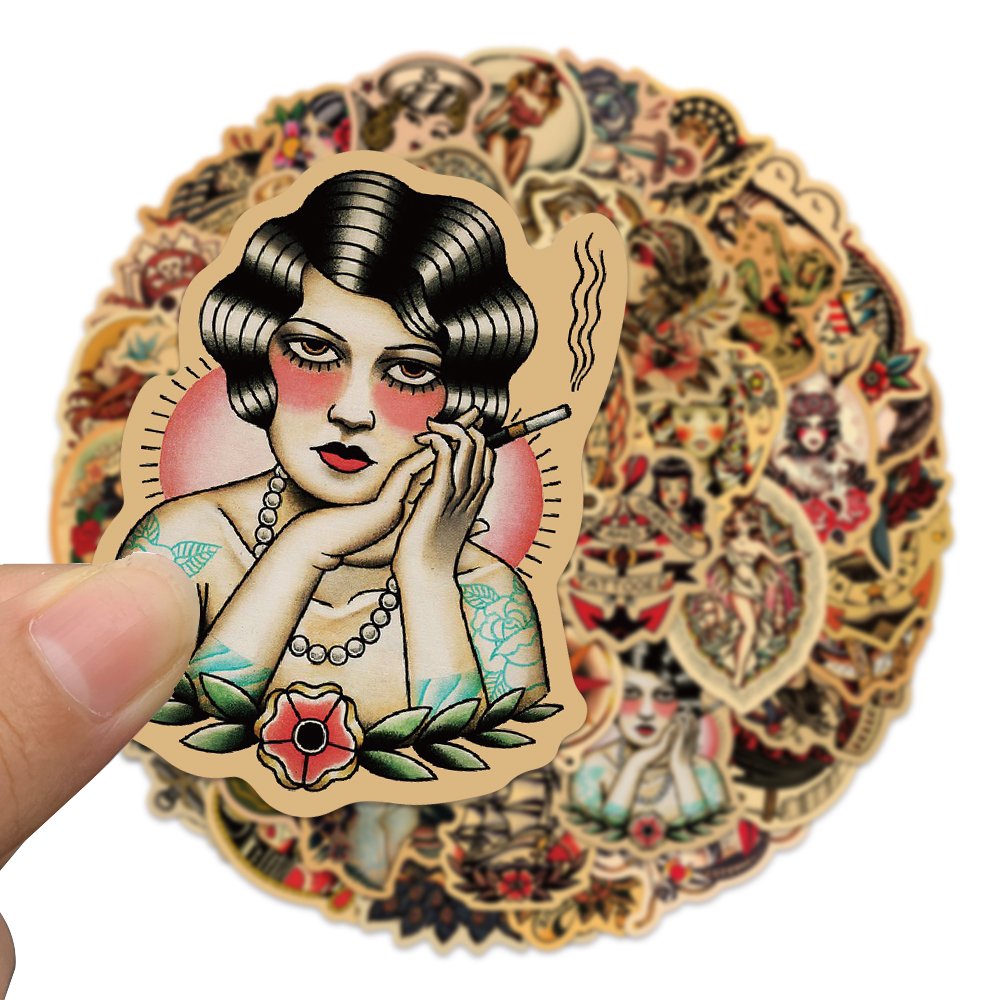 100pcs Retro Old School Tattoo Style Sticker Diy Refrigerator Skateboard Guitar Phone Laptop Waterproof Decorative Toy Stickers
