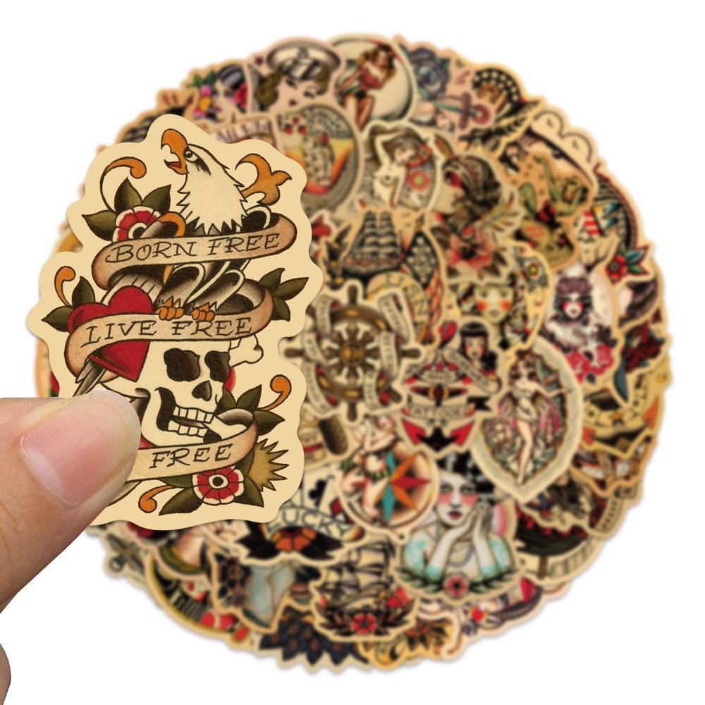 100pcs Retro Old School Tattoo Style Sticker Diy Refrigerator Skateboard Guitar Phone Laptop Waterproof Decorative Toy Stickers
