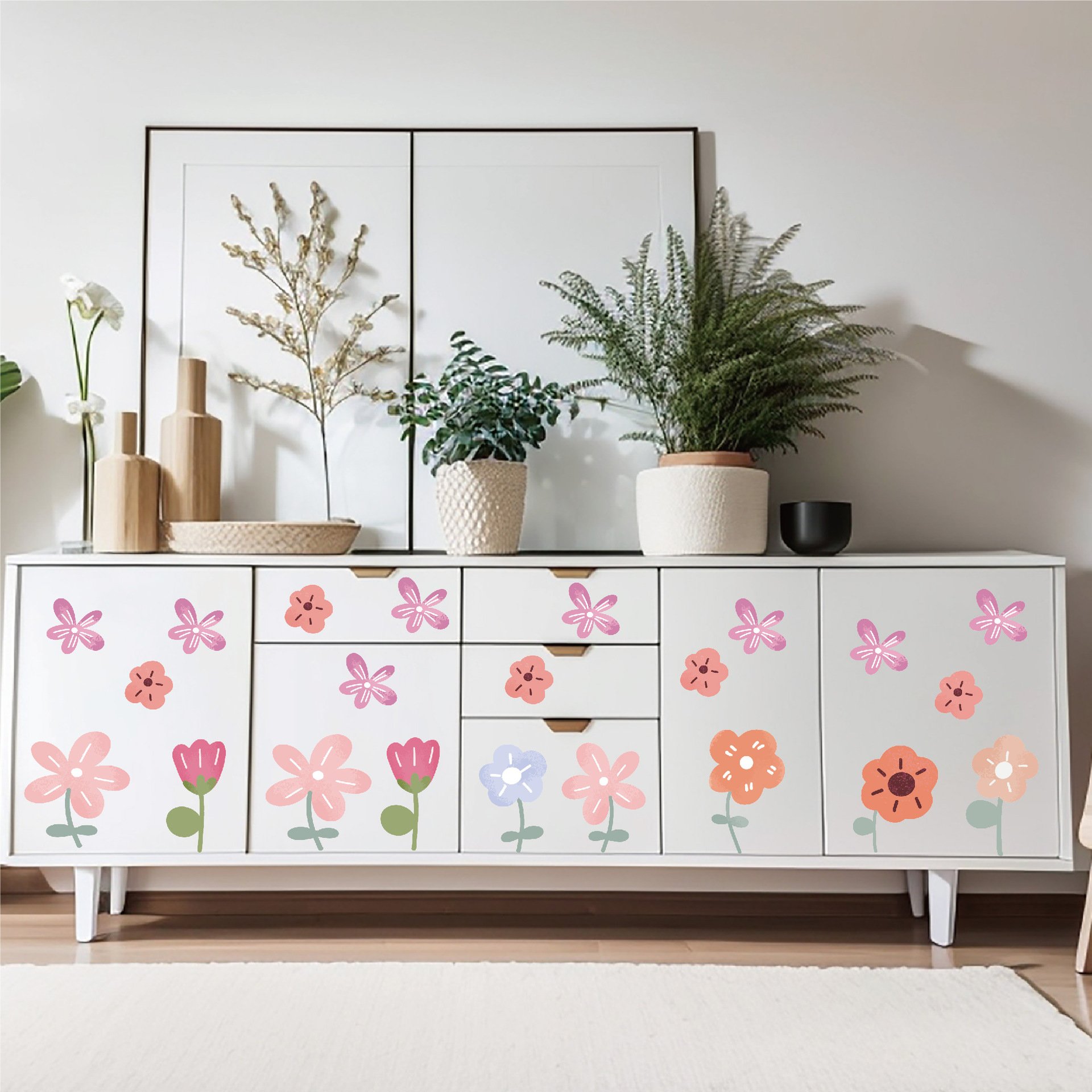 Floral Wall Decal for Girls Boho Pink Flower Wall Decal Vinyl Adhesive Waterproof Wall Sticker Cartoon Home Decoration Decals