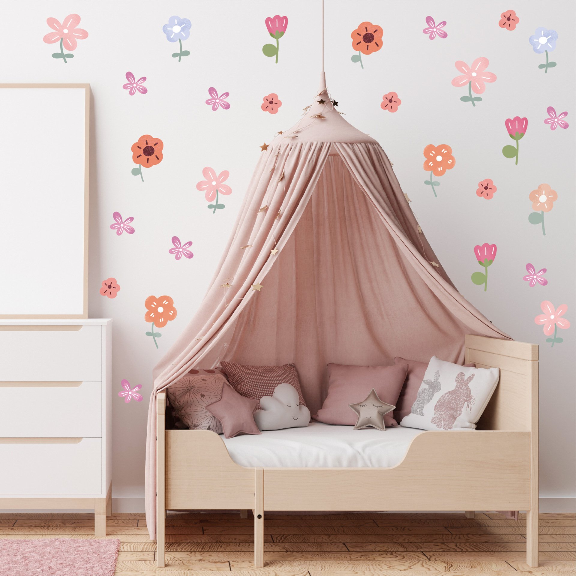 Floral Wall Decal for Girls Boho Pink Flower Wall Decal Vinyl Adhesive Waterproof Wall Sticker Cartoon Home Decoration Decals