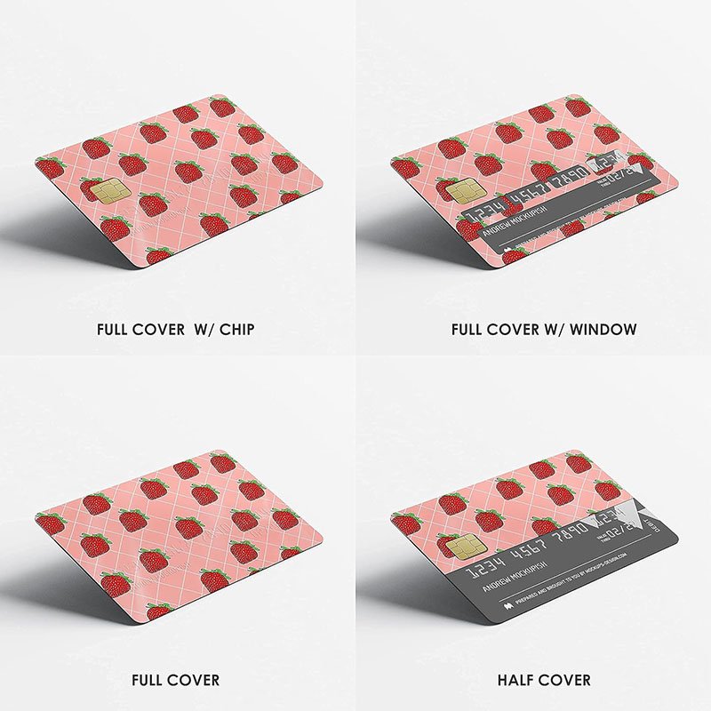 Low MOQ Factory Personalized Waterproof Adhesive Glitter strawberry Card Skin Sticker For Transportation Credit Debit Card skin