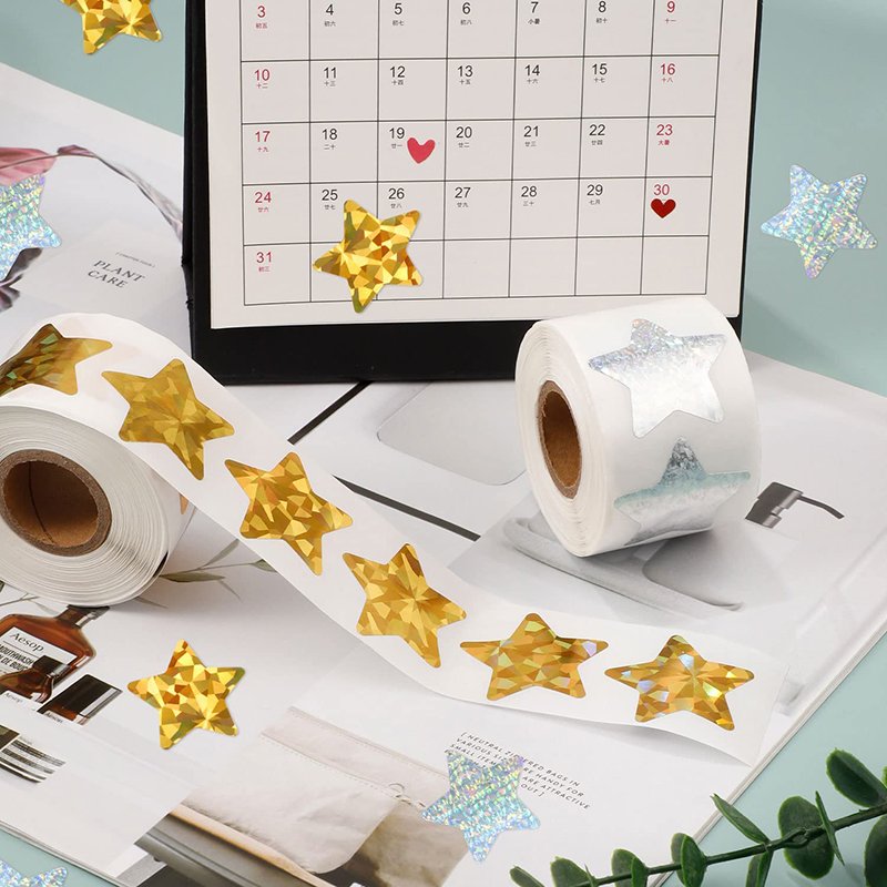 Custom Roll Removable Adhesive Holographic Glitter Gift Decoration Reward Star Stickers For Kids Teachers