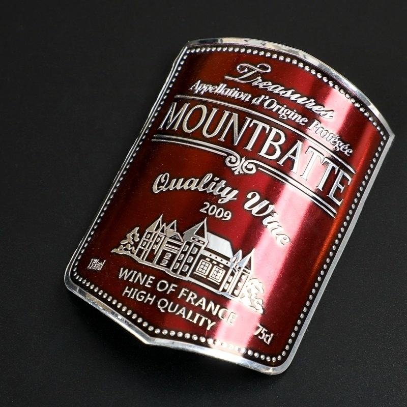 Custom Embossed Curved Aluminum Liquor Wine Label Self Adhesive Metal Logo Bottle Wine Label Sticker
