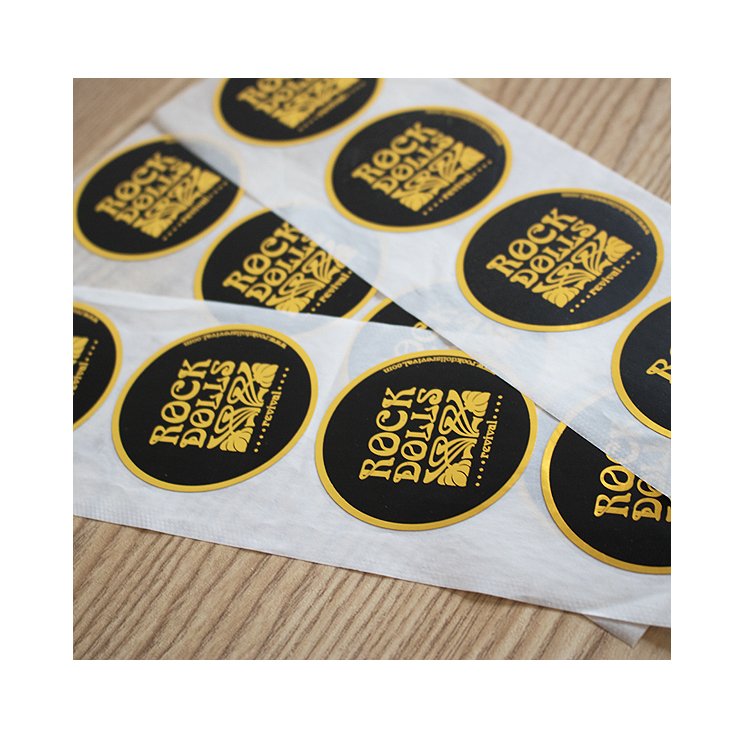 Printed Round Brand Name Logo Stickers Glossy Vinyl Waterproof Labels with Gold Foil Hot Stamping