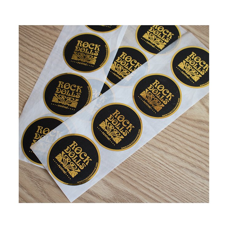 Printed Round Brand Name Logo Stickers Glossy Vinyl Waterproof Labels with Gold Foil Hot Stamping