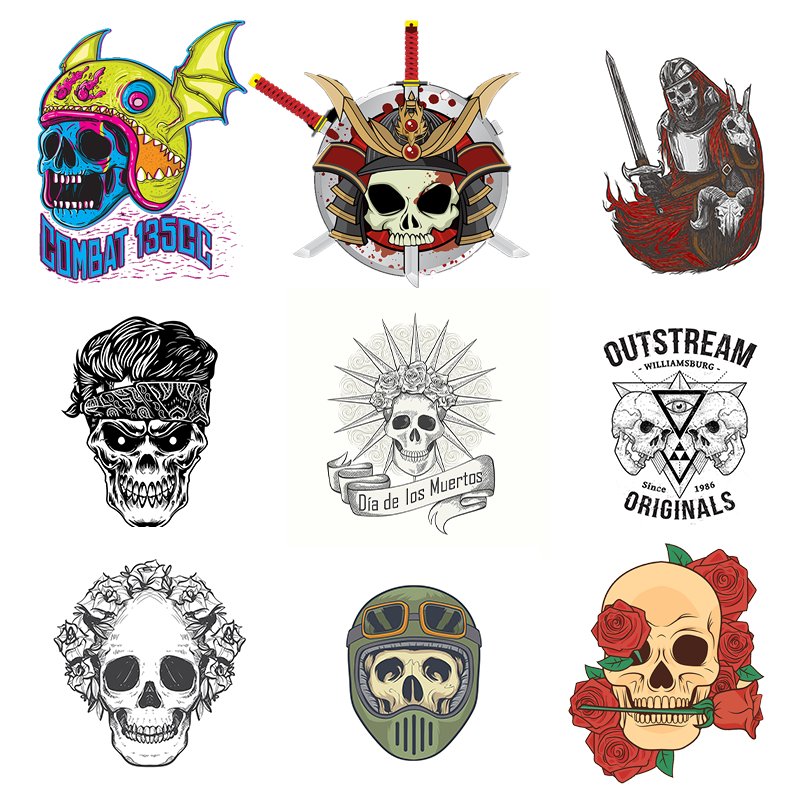 High Quality Custom Skull Design Heat Transfer Stickers Easy-to-Press DTF Technology Washable T-Shirts Cotton Fabric Bags