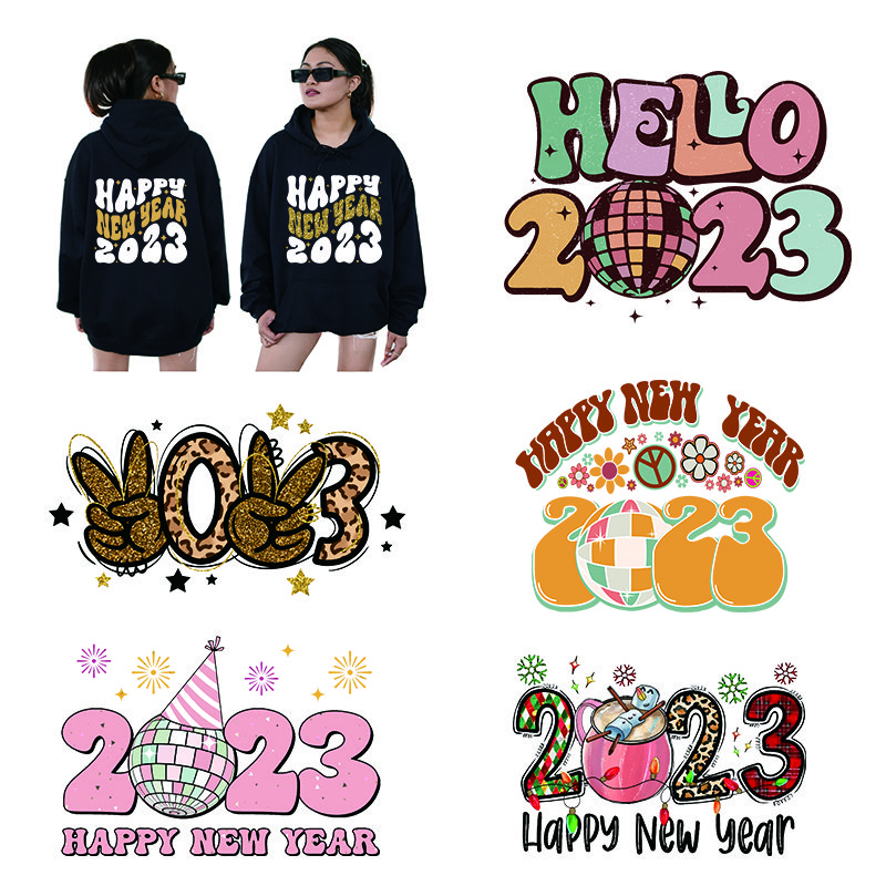 2023 New Year Plastisol Printable Clear Film Designs Flocking Sticker Logo Customize UV DTF Cup Wrap Transfers For Hoodies