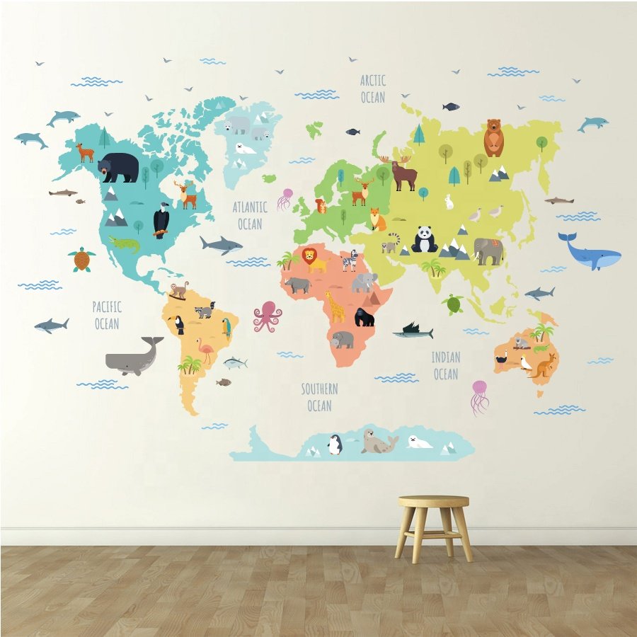High quality cartoon world map sticker water proof die cut sticker for home decor kids room wall decoration