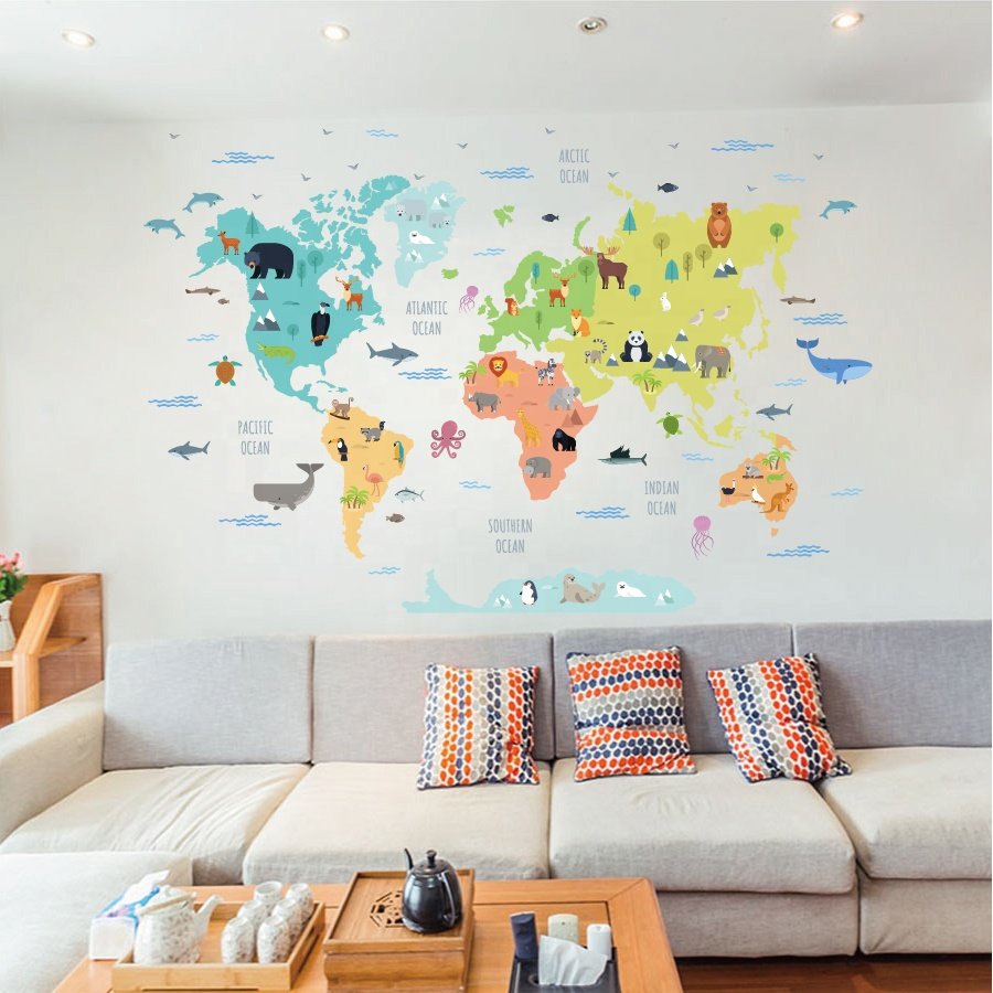 High quality cartoon world map sticker water proof die cut sticker for home decor kids room wall decoration
