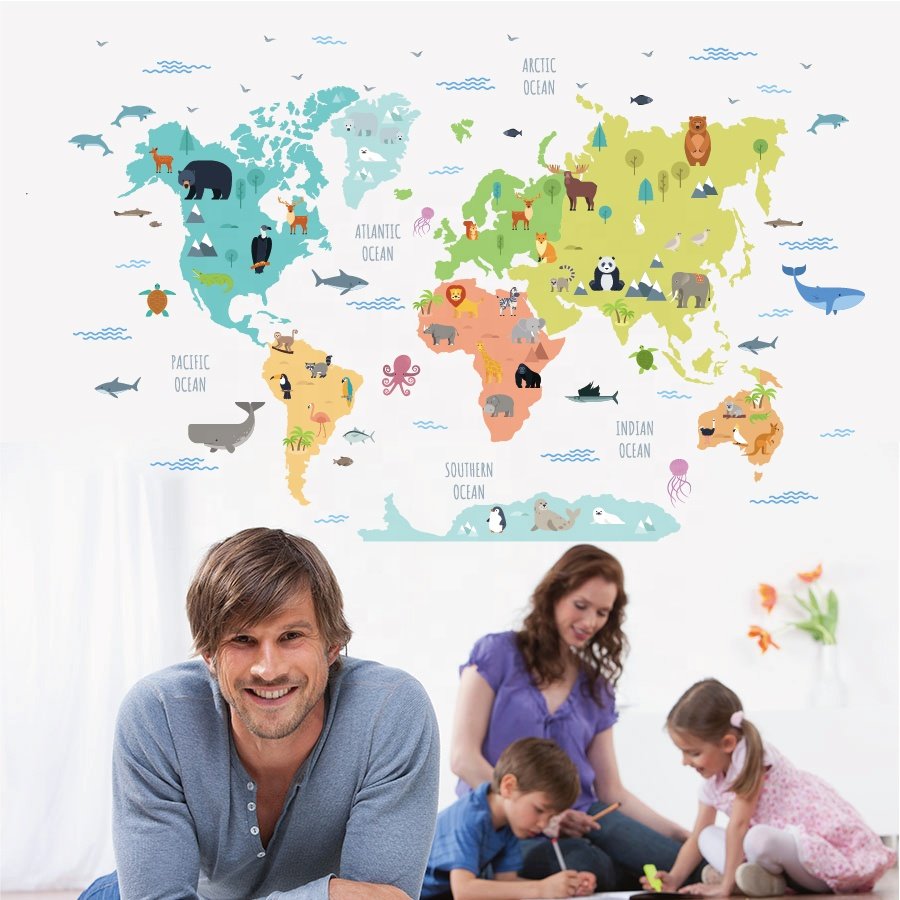 High quality cartoon world map sticker water proof die cut sticker for home decor kids room wall decoration