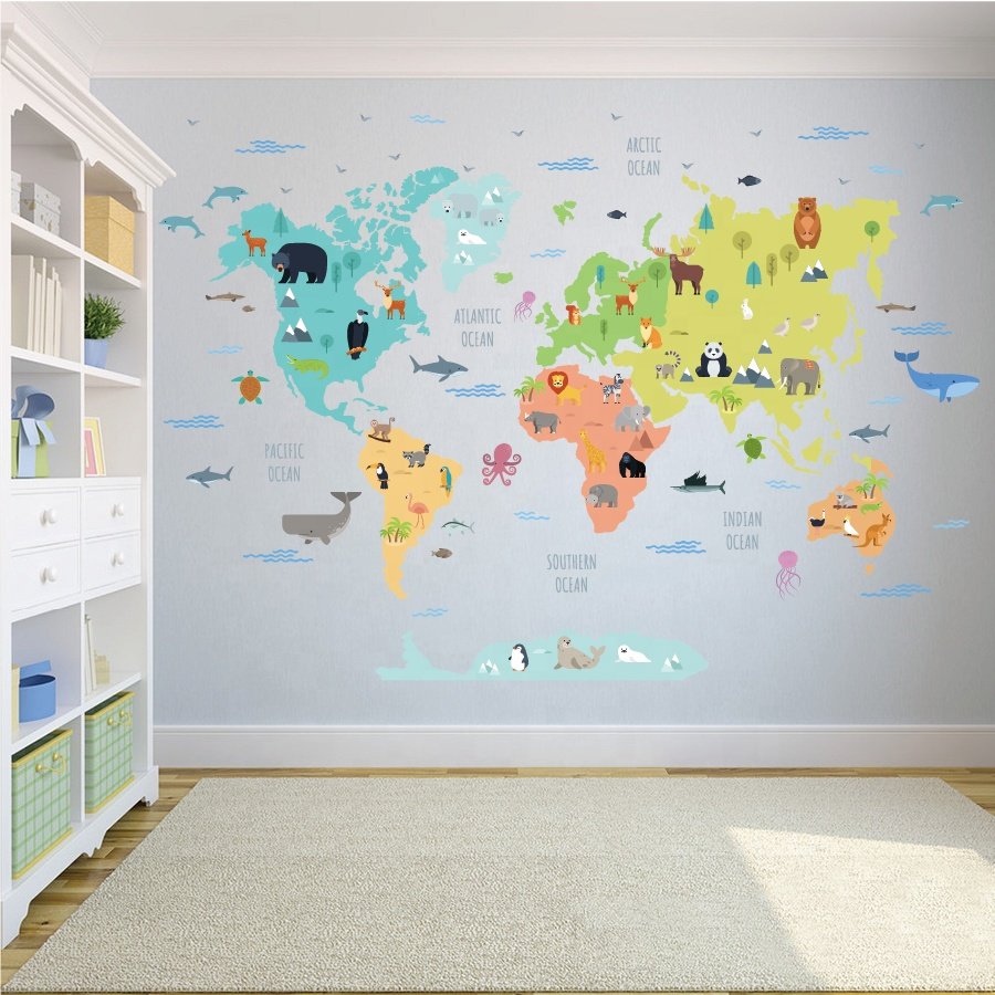 High quality cartoon world map sticker water proof die cut sticker for home decor kids room wall decoration
