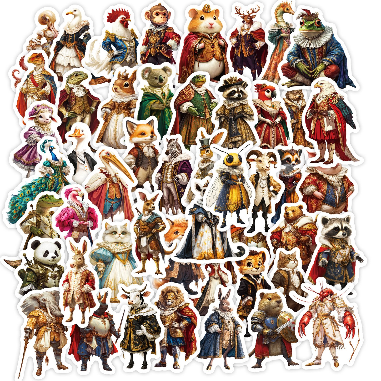 50Pcs Creative Classical Dressed up Animals Graffiti Stickers For Refrigerator Car Decor Vintage Middle Ages Sticker