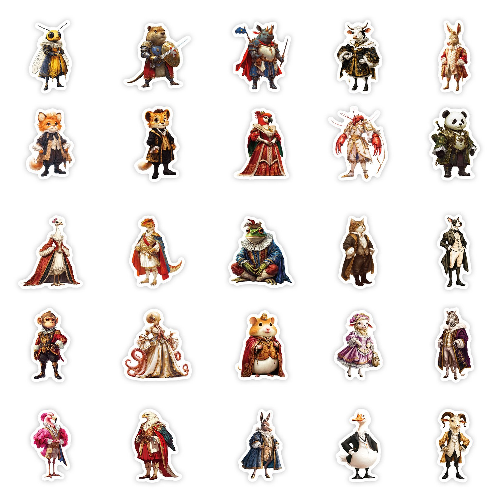 50Pcs Creative Classical Dressed up Animals Graffiti Stickers For Refrigerator Car Decor Vintage Middle Ages Sticker