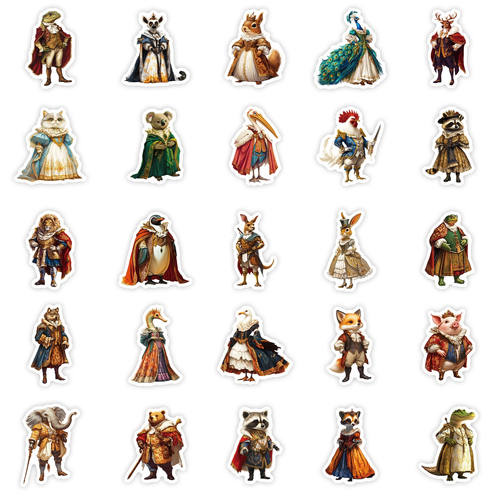 50Pcs Creative Classical Dressed up Animals Graffiti Stickers For Refrigerator Car Decor Vintage Middle Ages Sticker