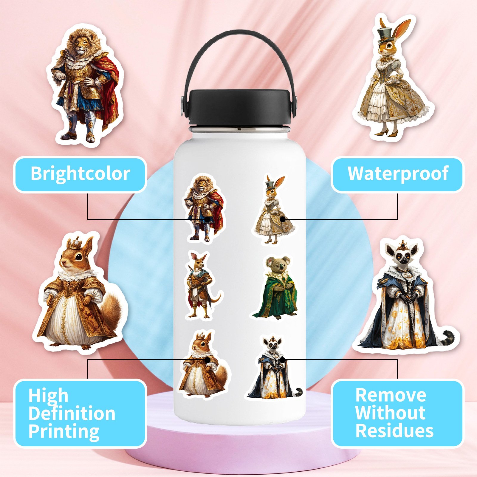 50Pcs Creative Classical Dressed up Animals Graffiti Stickers For Refrigerator Car Decor Vintage Middle Ages Sticker