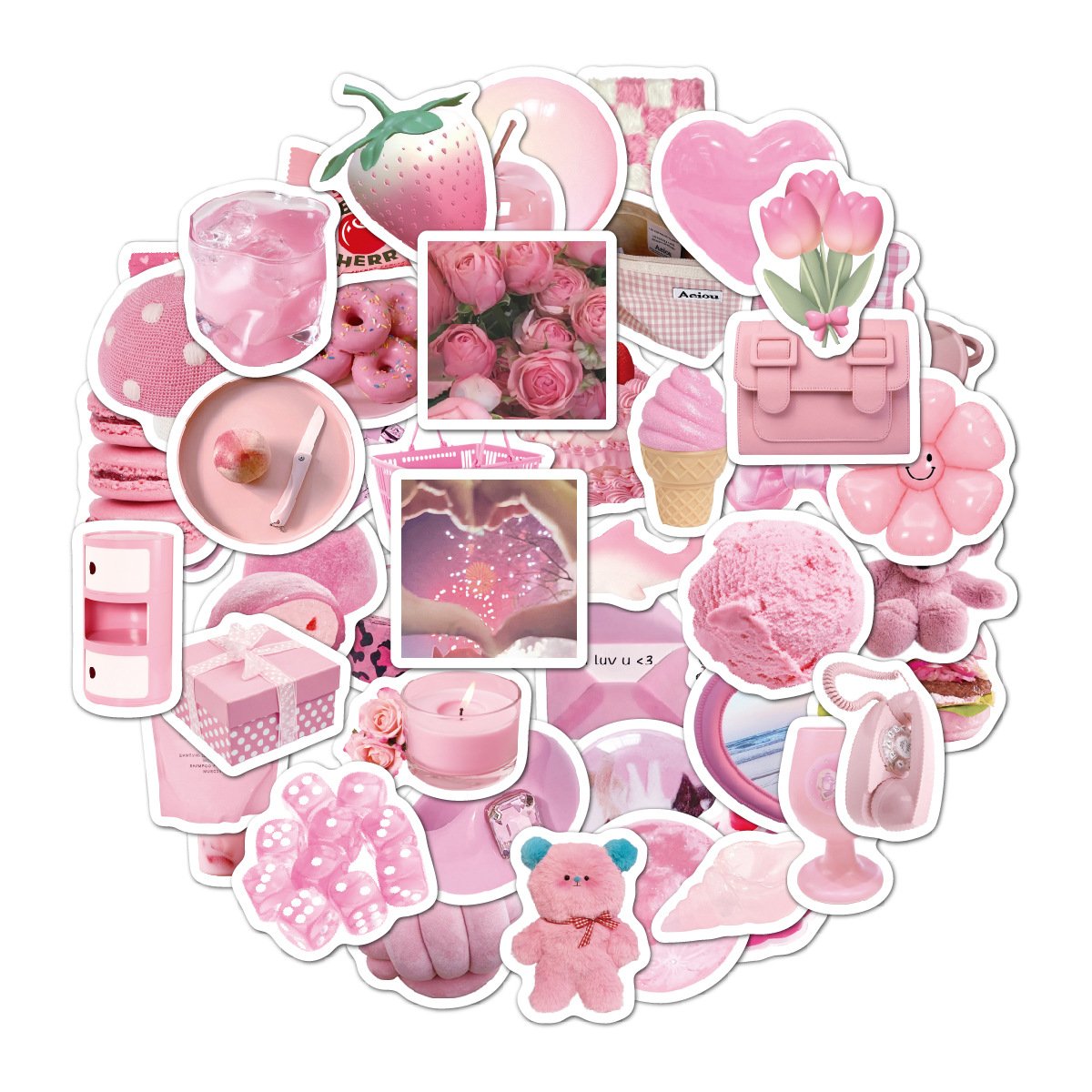 52pcs/set Kids Waterproof Pink Matte Cartoon Cute Laptop Decorative Label Stickers ,Vinyl Die Cut Sticker Pack for Girls