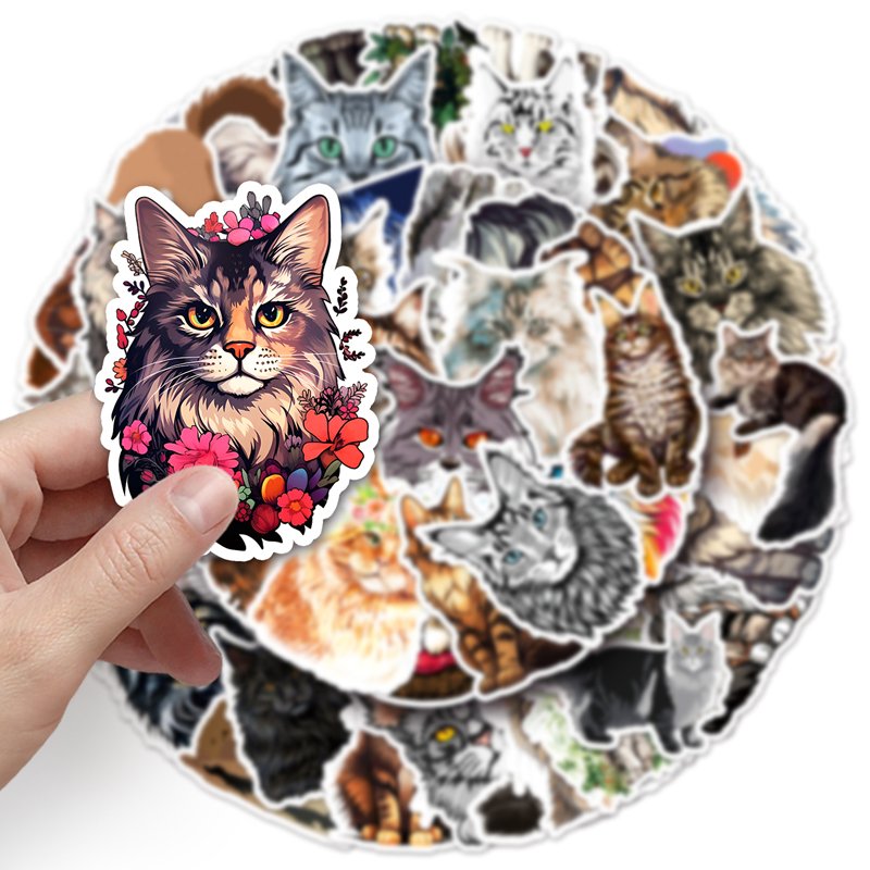 50PCS Factory Custom Kawaii Cat Animal Sticker Complete Cut Waterproof PVC Cartoon Maine Coon Sticker