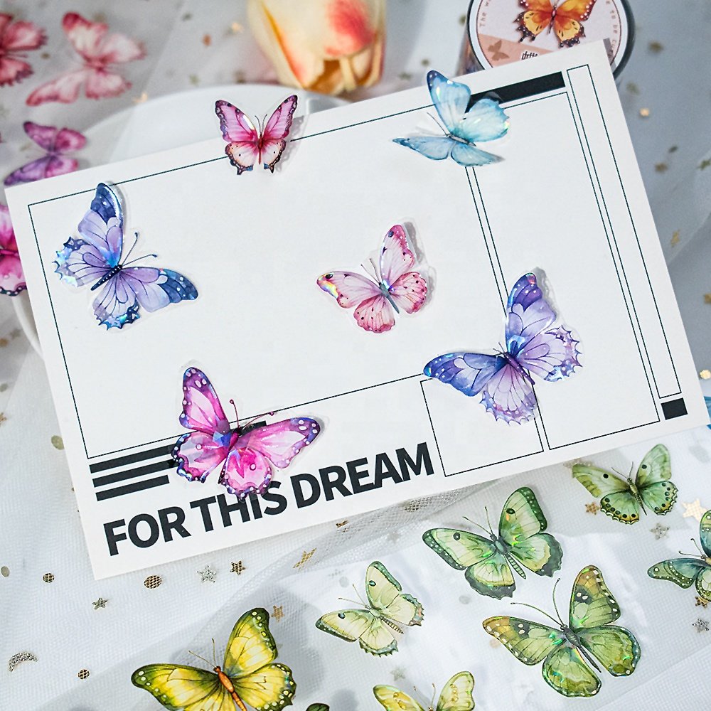 2024 new custom designer butterfly PET tape scrapbooking supplies Cuttable PET special oil custom print washi stickers