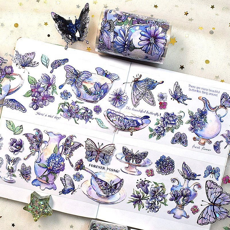 2024 new custom designer butterfly PET tape scrapbooking supplies Cuttable PET special oil custom print washi stickers