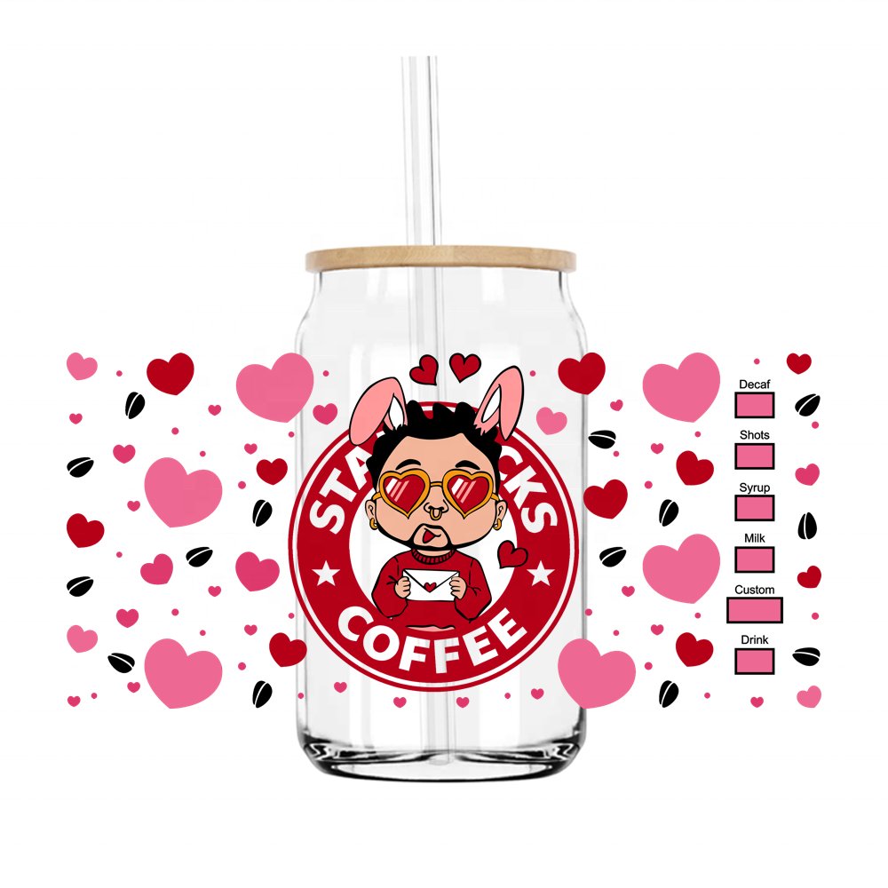 16OZ UV DTF Cup Wrap Transfers Stickers Valentine Bunny Designs For DIY Libbey Glass Mug Waterproof Custom Decals