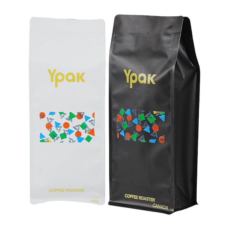 Low MOQ 250G 500G 1KG Black White Stock Flat Bottom Coffee Bags With Custom Printing UV Sticker Label