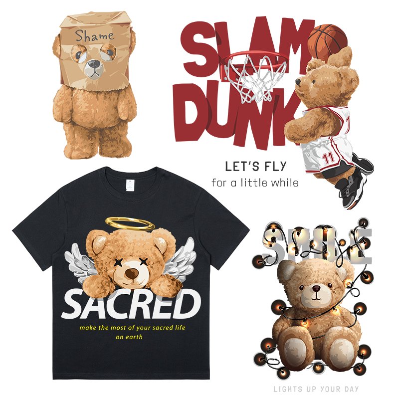 Manufacturer Customized Dtf Heat Transfer Printing High Quality Sticker Bear Series Design Application T-Shirt