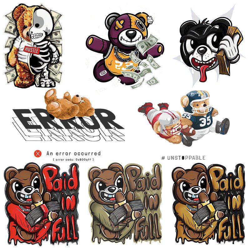Manufacturer Customized Dtf Heat Transfer Printing High Quality Sticker Bear Series Design Application T-Shirt