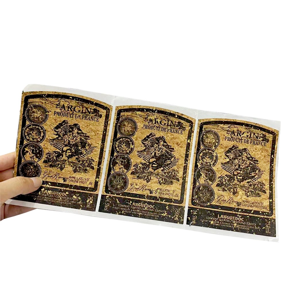Free Sample Kraft Sticker Adhesive Glossy Retro Golden Stickers Shiny Bottles Kraft Paper Package for Wine Beverage Labels
